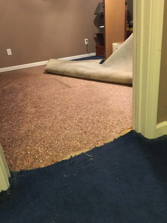 Carpet pad removal revealing water damage during Drying & Dehumidification in Blackfoot